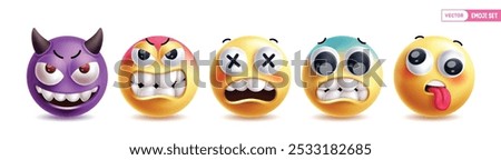 Emoji 3d emoticon character vector set. Emojis facial expression character collection in angry, mad, shock, bad mood, naughty, annoyed and evil face icon elements. Vector illustration round emoticon 