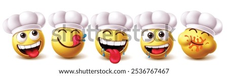 Emoji chef character vector set. Emojis emoticon chief cook professional character in happy, craving, thirsty, silly and drooling faces wearing white hat elements collection. Vector illustration emoji