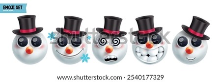 Emoji snowman christmas emoticon characters vector set. Emojis xmas character in happy, funny, naughty, smiling, dizzy, inspired and cute face round ice 3d elements collection. Vector illustration