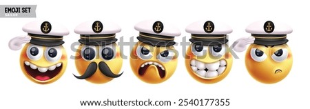 Emoji sailor emoticon characters vector set. Emojis marine professionals character in happy, angry, salute, excited, eager and cute 3d round face elements collection. Vector illustration emojis sailor