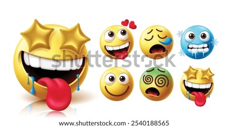 Emojis hungry face emoticon vector set. Emoticons yummy, starving and lick emojis with in love, sneezing, cold, smile, dizzy and hungry faces yellow icon collection. Vector illustration emojis hungry 