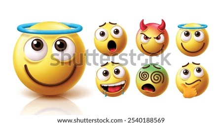 Emoji angel emoticon character vector set. Emojis compassionate and friendly faces with yellow emoticons character like shock, devil, kind, craving, dizzy and thinking facial expressions elements 