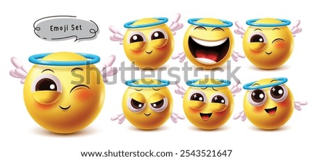 Angel 3d emoji vector characters set. Emojis friendly, kind, good emoticon character with facial expressions like cute, laughing, winking and happy smile. Vector illustration emoji angel collection 