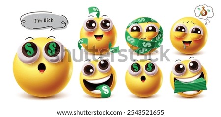 Rich emoji emoticon vector character set. Emojis wealthy, prosperous, lavish, overflowing, money obsessed facial expressions dollar design elements in white background. Vector illustration rich emoji 