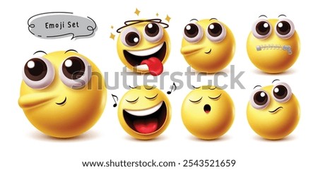 Pinocchio emoji vector characters set. Pinocchio 3d emoji character with dizzy, quiet, singing, tired and confuse facial expression yellow emoticon graphic elements. Vector illustration icon emoji 