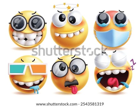 Goofy emoji vector characters set. Emojis 3d yellow character like funny, nerd, dizzy, sick, drooling, tired and laughing clip art facial expressions. Vector illustration goofy icon collection set.
