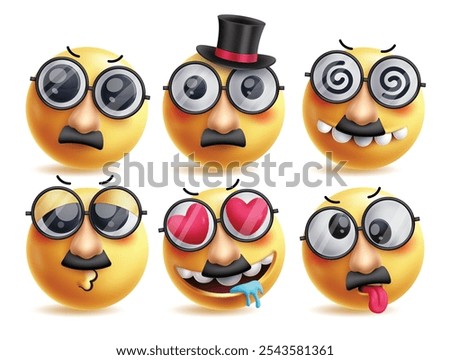 Old man emoji vector characters set. Emojis clip art with mascot wearing mustache and sunglasses in serious, dizzy, funny, kiss, in love and tired facial expressions emoticons character. Vector