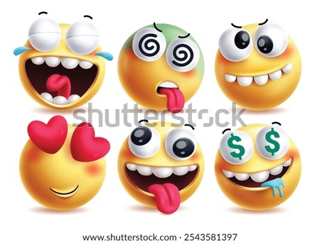 Humor emoji vector characters set. Emojis clip art facial expression like laughing, dizzy, funny, in love, naughty and greedy yellow emoticon character in white background. Vector illustration humor 