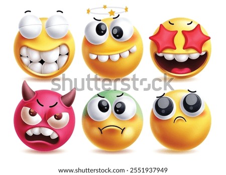 Star eyes emoji vector characters set. Clip art emojis in funny, dizzy hurt, red star eyes, evil, sick and mood off facial expressions icon elements in white background. Vector illustration excited 