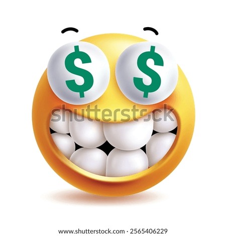 Dollar eyes emoji clipart 3d character. Emoji money rich, wealth, success, joy and happiness with grin teeth facial expressions yellow icon graphic elements. Vector illustration dollar money eyes 