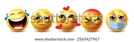 Mood off emoji vector characters set. Clipart emojis funny, sad, in love, angry and sick facial expressions yellow icon graphic elements. Vector illustration mood off emoji clip art collection set.
