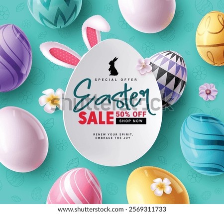 Easter sale text clipart poster design. Happy easter shopping 50% off clip art in blue doodle background with colorful eggs, flowers and wishes flyer design. Vector illustration easter sunday special 