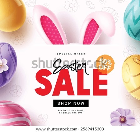 Easter sale clipart poster design. Happy easter shopping 50% off clip art in doodle white background with colorful eggs, flowers and wishes flyer design. Vector illustration easter sunday special 