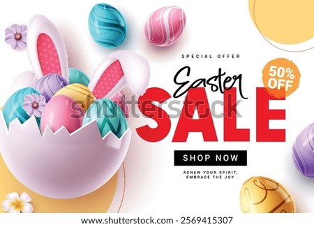 Easter sale clipart poster design. Happy easter sale text with big crack egg, colorful eggs and bunny ears for holiday 50% off shopping discount. Vector illustration easter sunday flyer design.
