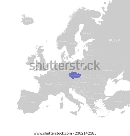 Detailed map of Europe with Czech Republic state underlined in blue on white background
