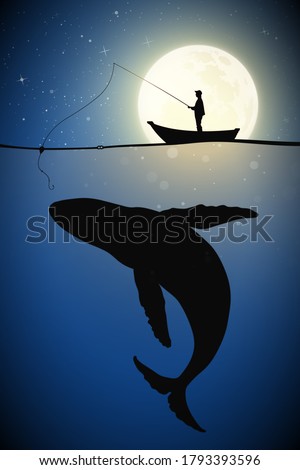Fisherman in boat on moonlight night. Man silhouette with fishing rod and big whale under water. Full moon in starry sky. Vector illustration for use in polygraphy, textile, design, nursery decor