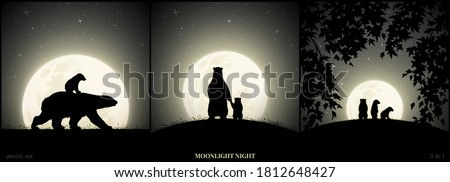 Polar bears family walking in grass on moonlight night. Animal baby silhouette on back of mother. Landscape framed by branches. Full moon in starry sky. Black and white vector illustration set