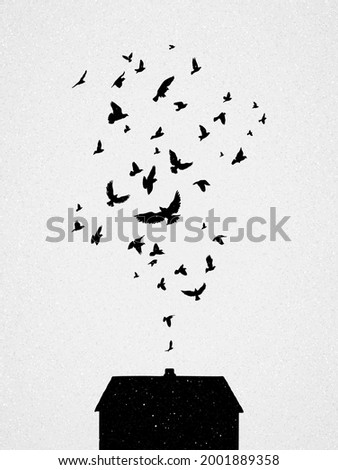 House silhouette. Flock of birds flies up. Abstract chimney smoke