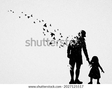 Father and daughter silhouette. Death and afterlife. Flying birds