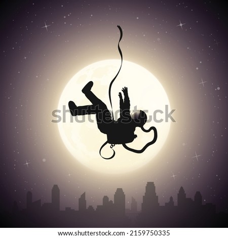 Falling astronaut. Flying cosmonaut outline. Lonely man and full moon
