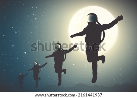 Astronaut team. Four men in space suits. Flying cosmonaut silhouette