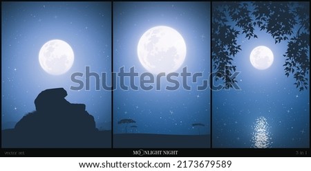 Landscape with large stone. Lake framed by branches. Savannah on moonlight night