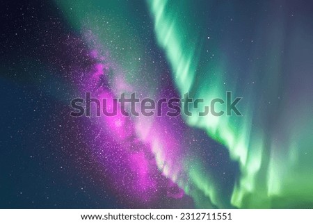 Night starry sky. Milky Way and Northern lights. Green aurora borealis