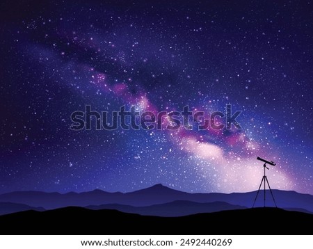 Telescope on tripod. Stargazing in mountains. Milky Way in starry sky