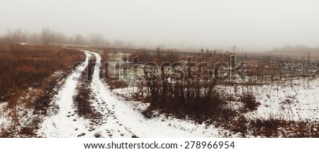 Misty landscape with road. Village road, disappearing into fog. Loneliness, sad mood. Winter foggy noon