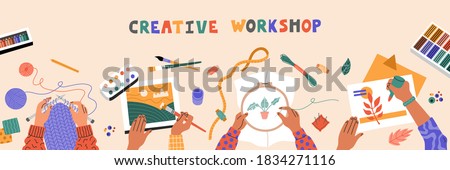 Kids painting, stitching, knitting and cutting colored paper, creative, top view workshop for children and on beige table. Horizontal banner template. Hand drawn illustration in flat cartoon style