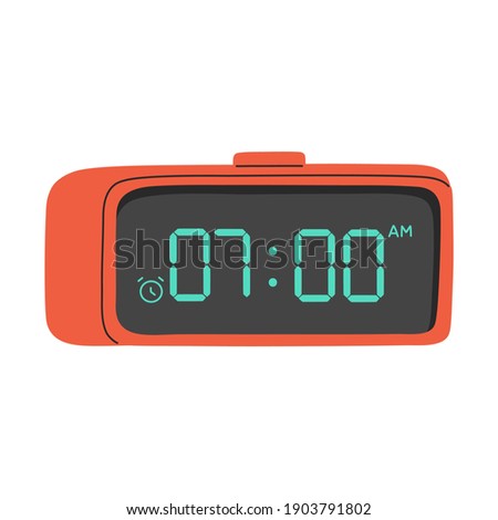 Led digital alarm clock, electronic red device timer, reminder symbol icon in flat cartoon style with black screen and blue numbers, modern trendy vector illustration isolated on white background.