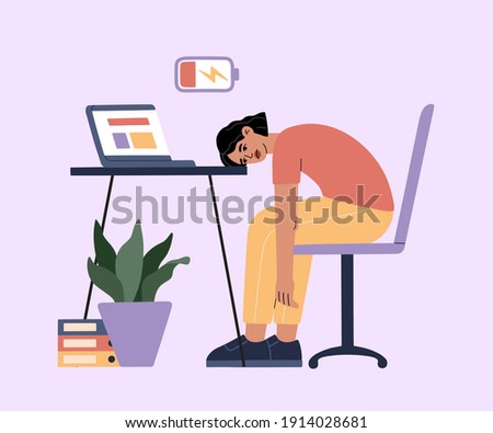 Woman tired of hard working, sleepy at work, girl at office sits by the table with laptop and procrastinating, unhappy person overworked, needs battery recharge. Modern trendy illustration, flat style