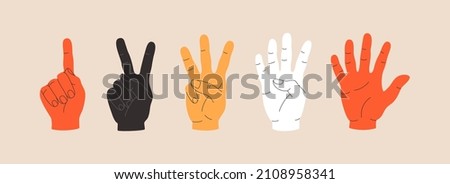 Set of gestures colourful human hands different races, showing fingers to count from one to five. Hand drawn vector illustration isolated on light background. Trendy modern flat cartoon style.