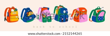 Set of different school backpack and schoolbag. Back to school, collection of children bags with stationary, textbooks. Hand drawn vector illustration isolated on background. Modern flat cartoon style