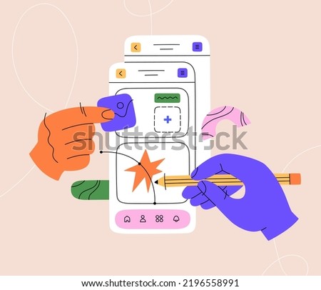 Hands working on creating interfaces for websites and mobile app. UX UI design, programming, coding web page, prototyping. Hand drawn vector illustration isolated on background. Flat cartoon style.