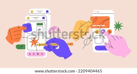 Hands working on creating interfaces for websites and mobile app. UX UI design and programming, researching and prototyping. Hand drawn vector illustration isolated on background. Flat cartoon style.