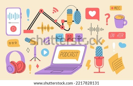 Set of different podcast stuff. Headphones, microphones, laptop, equalizer, speech bubbles. Hand drawn vector illustration isolated on colored background. Modern trendy flat cartoon style.
