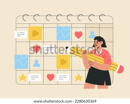 Content plan concept. Girl making notes on the calendar. Scheduling social media posts. Internet marketing. Hand drawn vector illustration isolated on light background, flat cartoon style.
