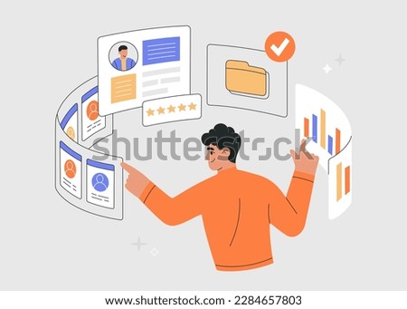Recruitment agency, hiring employees. Hr manager selects the best candidate for job vacancy. CV, resume analysis. Hand drawn vector illustration isolated on light background, flat cartoon style.