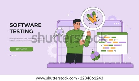 Software testing concept. Application development, coding and bugs searching. Digital analysis. Landing page template. Vector illustration isolated on purple background, modern flat cartoon style.