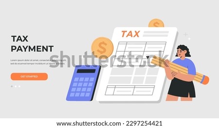Online tax payment concept. Calculation and filling of tax return. Financial report. Landing page template. Vector illustration, isolated on light background, flat cartoon style.