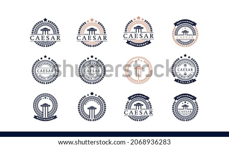 Set of Classic Vintage Retro Label Badge Ancient Greek Coin with Pillar Column, Laurel Wreath, Border Pattern Emblem Logo Design Template