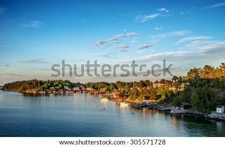 Quiet coastal village on Stockholm archipelago at evening (Kopmanholm, Sweden)