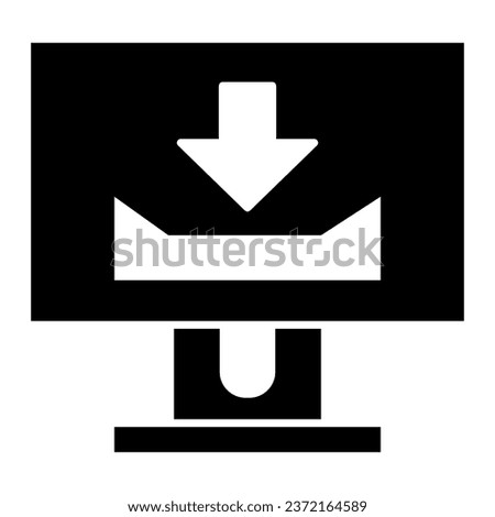 Desktop monitor with download sign solid icon. Computer screen with download vector illustration isolated on white. Display glyph style design, designed for web and app. Eps 10
