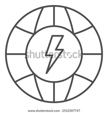 World globe with electricity bubble thin line icon, energy crysis concept. Vector graphics. Planet electrical problem sign on white background, outline style icon for mobile or web design