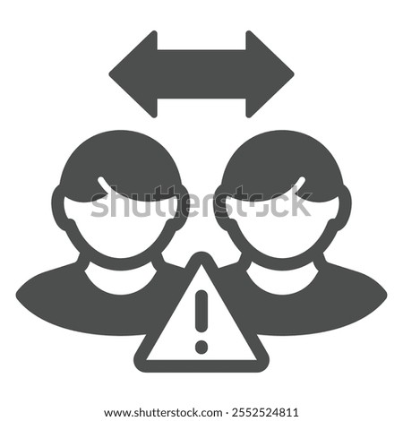 Two mans distance solid icon, social distancing concept. Vector graphics. Arrow warning virus close sign on white background, glyph style icon for mobile or web design