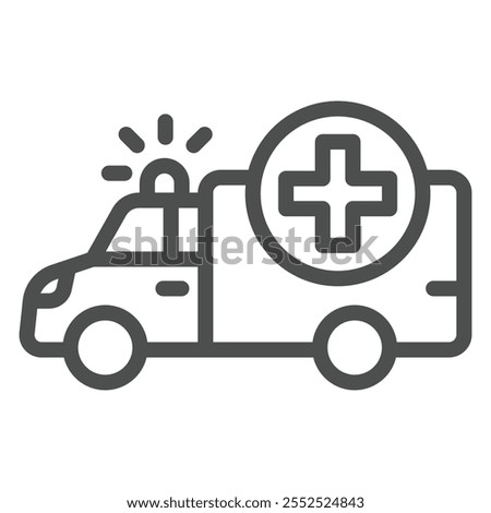 Ambulance car line icon, medical emergency service concept. Vector graphics. Bus with plus sign on white background, outline style icon for mobile or web design