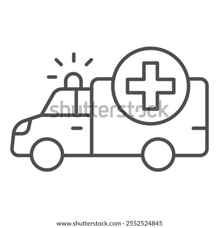 Ambulance car thin line icon, medical emergency service concept. Vector graphics. Bus with plus sign on white background, outline style icon for mobile or web design