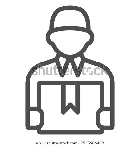 Courier man with package line icon, delivery service concept. Vector graphics. Buyer seller human sign on white background, outline style icon for mobile or web design