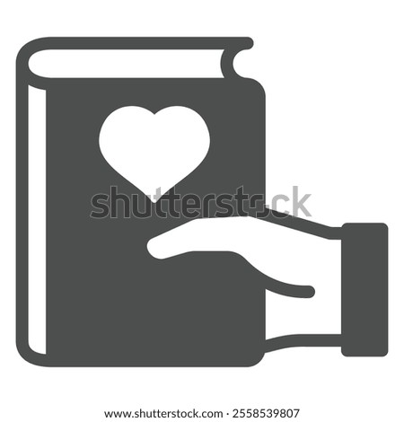 Heart shape at book in hand solid icon, book crossing concept. Vector graphics. Favorite textbook sign on white background, glyph style icon for mobile or web design